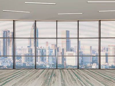Interior View Of Floor To Ceiling Windows With City Skyline And Patterned Carpet Floor 3d model