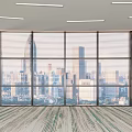 Interior View Of Floor To Ceiling Windows With City Skyline And Patterned Carpet Floor