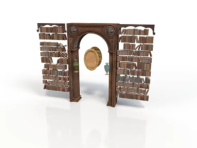 Vintage Wooden Book Framed Structure With Arched Doorway And Circular Ornament 3d model