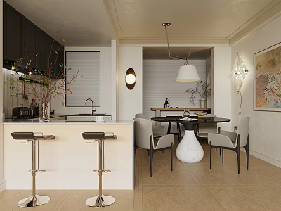 Modern Restaurant Interior With Open Concept Bar Counter Dining Table And Pendant Light 3d model