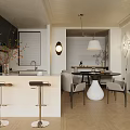 Modern Restaurant Interior With Open Concept Bar Counter Dining Table And Pendant Light