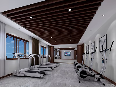 Modern Spacious Gym Interior Design With Treadmills Elliptical Machines And TV 3d model