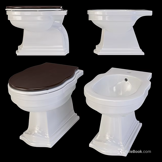 White Toilets With Various Designs Including Brown Seat And Pedestal Base 3d model 