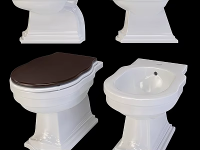 White Toilets With Various Designs Including Brown Seat And Pedestal Base 3d model