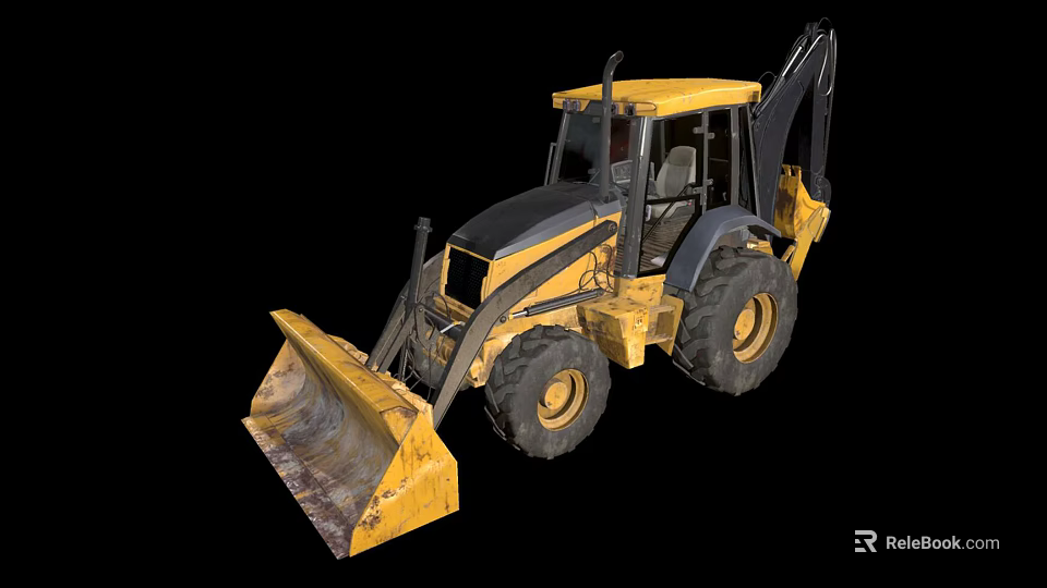 Yellow Backhoe Loader Construction Machinery With Front Bucket And Excavator Arm 3d model 