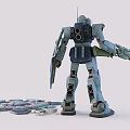 Detailed Blue Mecha Robot Model Holding Rifle Shield And Scattered Parts