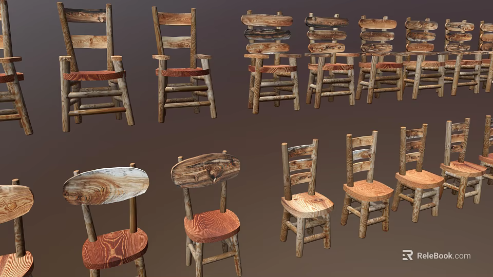 Rustic Wooden Single Chairs with Various Designs and Upholstered Seats 3d model
