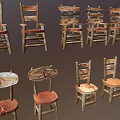 Rustic Wooden Single Chairs with Various Designs and Upholstered Seats 3d model