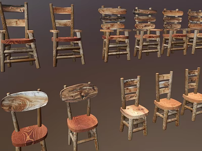 Rustic Wooden Single Chairs with Various Designs and Upholstered Seats 3d model