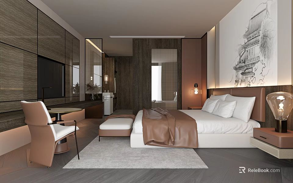 Modern Hotel Room Interior With King Bed Wall Painting Area Rug And Wooden Furniture 3d model 