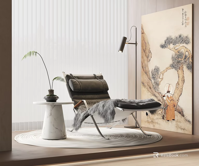 Modern Leather Lounge Chair With Marble Side Table Plant Plush Rug And Wall Art 3d model 