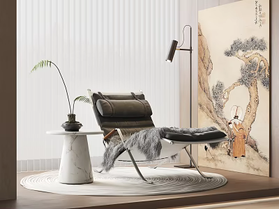 Modern Leather Lounge Chair With Marble Side Table Plant Plush Rug And Wall Art 3d model