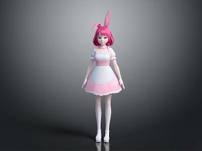 Cute Game Anime Character With Pink Hair Rabbit Ears And Pink White Maid Outfit 3d model