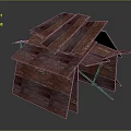 Abstract Wooden Structure With Red Layered Planks And Irregular Roof Design