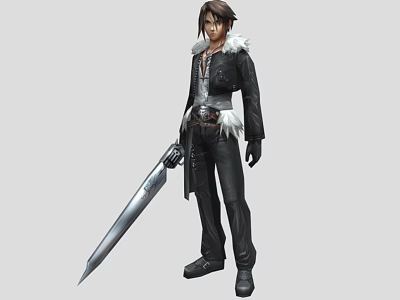 Man Wearing Black Outfit With White Fur Collar Holding Long Sword Standing Pose 3d model