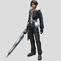 Man Wearing Black Outfit With White Fur Collar Holding Long Sword Standing Pose
