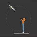 3D Character in Orange Hoodie on Black Platform with Yellow Gray Stripes and Floating Object