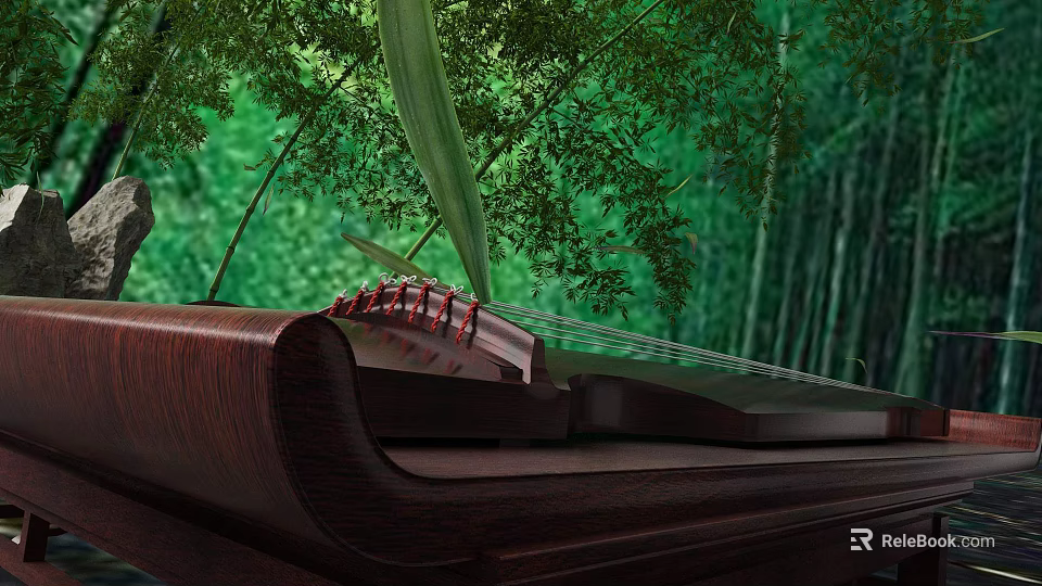 Traditional Chinese Guqin Musical Instrument Featuring Wooden Texture Strings And Bamboo Forest Background 3d model 