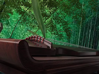 Traditional Chinese Guqin Musical Instrument Featuring Wooden Texture Strings And Bamboo Forest Background 3d model