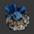 Man In Blue Robe Pointed Hat With White Beard Holding Glowing Staff On Rock Base