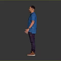 A Man Standing in Gray Background Wearing Blue Polo Shirt Purple Pants and Brown Shoes