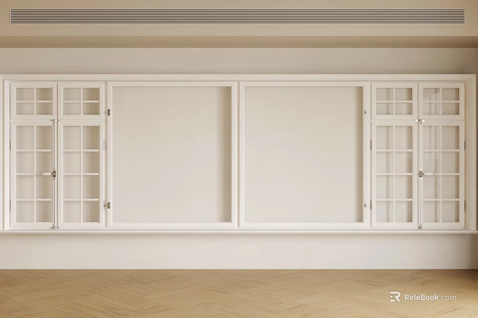 White Casement Windows in Modern Interior With Herringbone Wooden Floor And Glass Paned Side Panels 3d model 