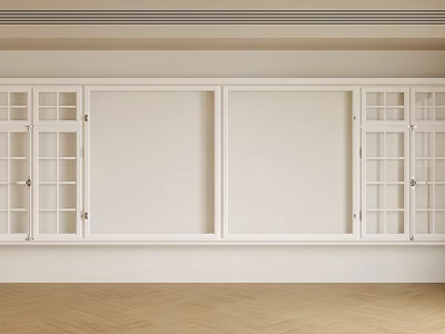 White Casement Windows in Modern Interior With Herringbone Wooden Floor And Glass Paned Side Panels 3d model