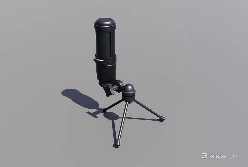 Black Microphone With Tripod Stand On Sleek Gray Background Surface 3d model 