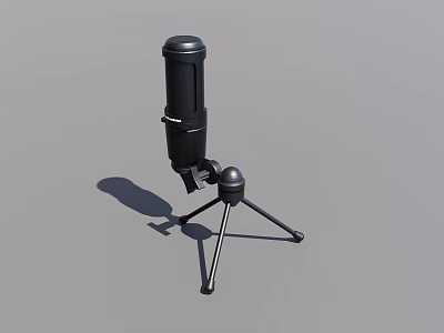 Black Microphone With Tripod Stand On Sleek Gray Background Surface 3d model
