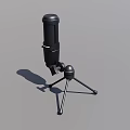 Black Microphone With Tripod Stand On Sleek Gray Background Surface