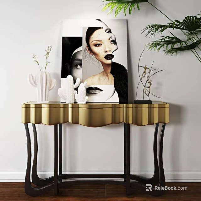 Stylish Golden Console Table with Art Paintings Cactus Decor and Green Plant in Modern Interior 3d model 