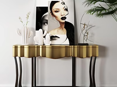 Stylish Golden Console Table with Art Paintings Cactus Decor and Green Plant in Modern Interior 3d model