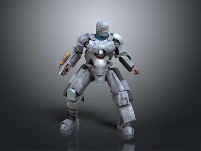 Game and Movie Character in Metallic Armor Holding Orange Weapon with Detailed Mechanical Design 3d model