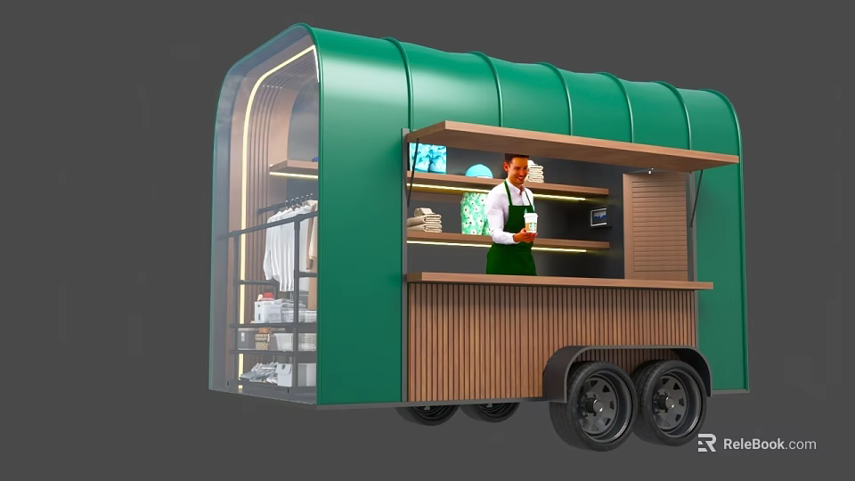 Green Mobile Food Truck With Transparent Sides And Wooden Counter Inside 3d model 