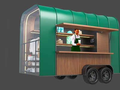Green Mobile Food Truck With Transparent Sides And Wooden Counter Inside 3d model