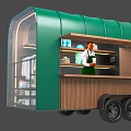 Green Mobile Food Truck With Transparent Sides And Wooden Counter Inside