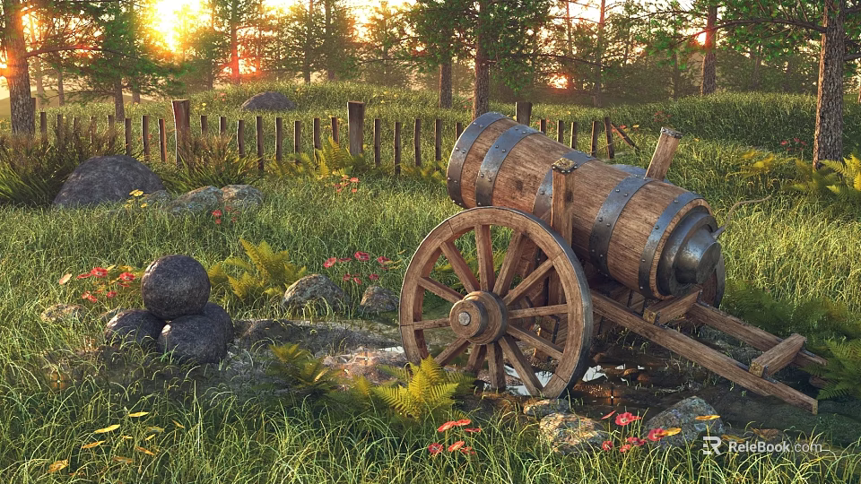 Old Wooden Cannon Cart in Sunset Forest Scene with Grass Stones and Wooden Fence 3d model 