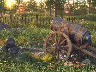 Old Wooden Cannon Cart in Sunset Forest Scene with Grass Stones and Wooden Fence 3d model