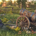 Old Wooden Cannon Cart in Sunset Forest Scene with Grass Stones and Wooden Fence