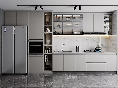Modern Kitchen Gray Cabinets With Marble Countertop Open Shelves And Double Door Refrigerator 3d model
