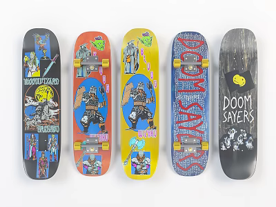 Five Skateboards With Colorful Graphic Designs And Distinctive Artwork Prints 3d model