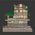 Cartoon Scene of Multi Story House With Green Roof Solar Panels Stone Walls And Balconies