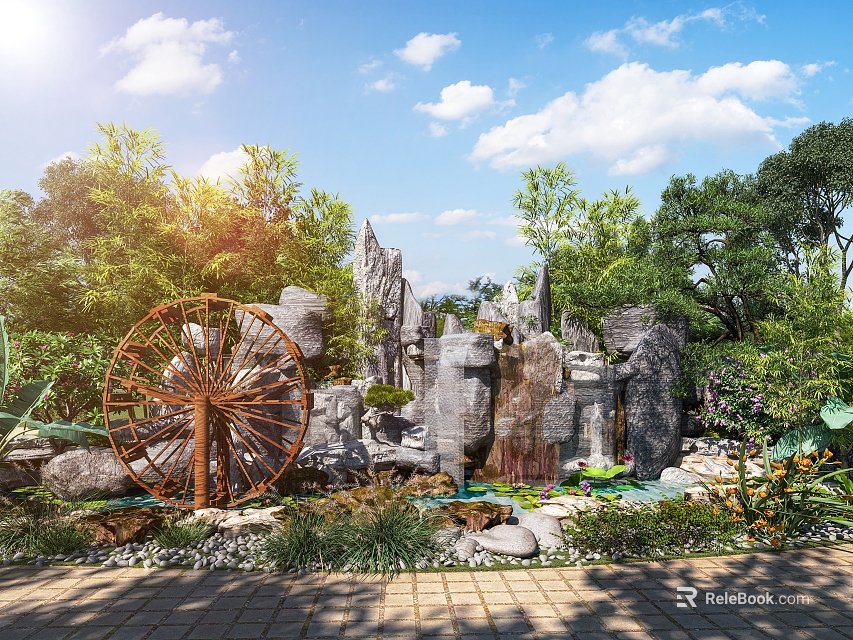 Rock Garden Stones With Wooden Water Wheel Waterfall Lush Green Plants Blue Sky White Clouds 3d model 