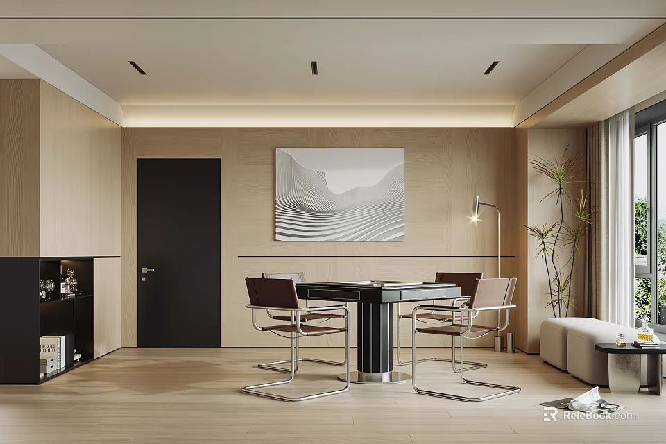 Modern Hotel Mahjong Room With Wooden Walls Landscape Painting And Black Table Chairs 3d model 