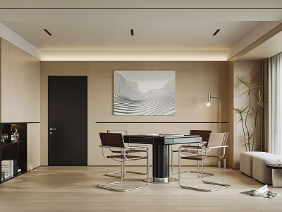 Modern Hotel Mahjong Room With Wooden Walls Landscape Painting And Black Table Chairs 3d model
