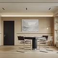 Modern Hotel Mahjong Room With Wooden Walls Landscape Painting And Black Table Chairs