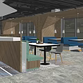 Public Office Space Open Layout With Wooden Ceiling Pendant Lights Green Plants And Bar Counter