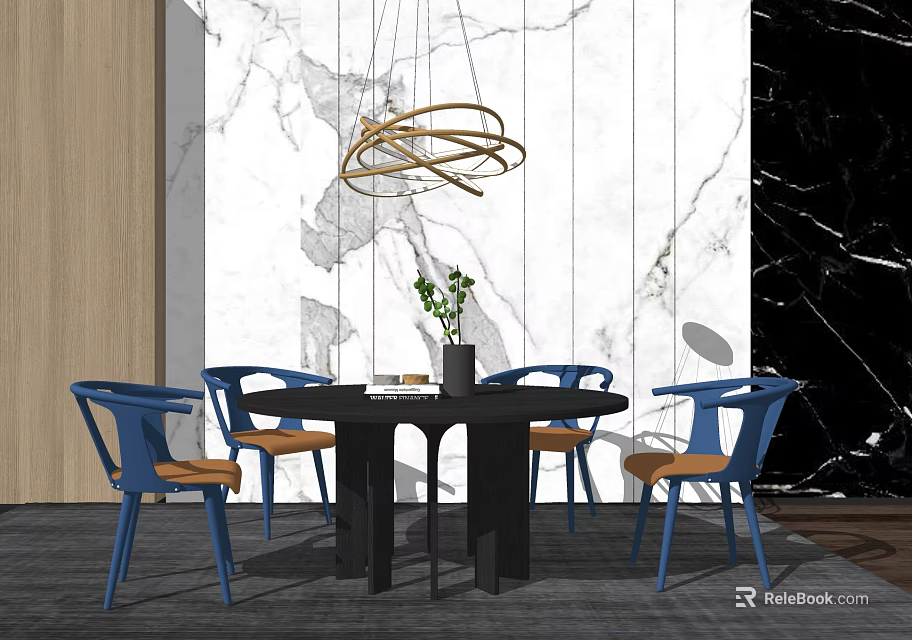 Black Dining Table Set with Blue Chairs Gold Pendant Light and Marble Wall Background 3d model