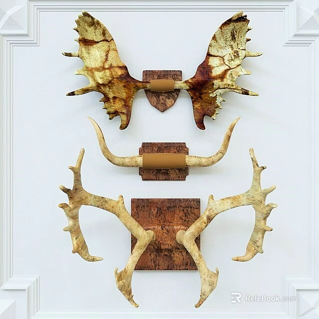 Rustic Antler Wall Decor With Golden Natural Horns And Wooden Base On White Wall 3d model 