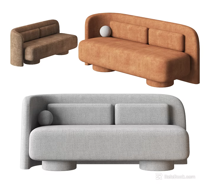 Modern Two Seater Sofa Designs In Brown And Gray With Rounded Edges And Decorative Ball 3d model 